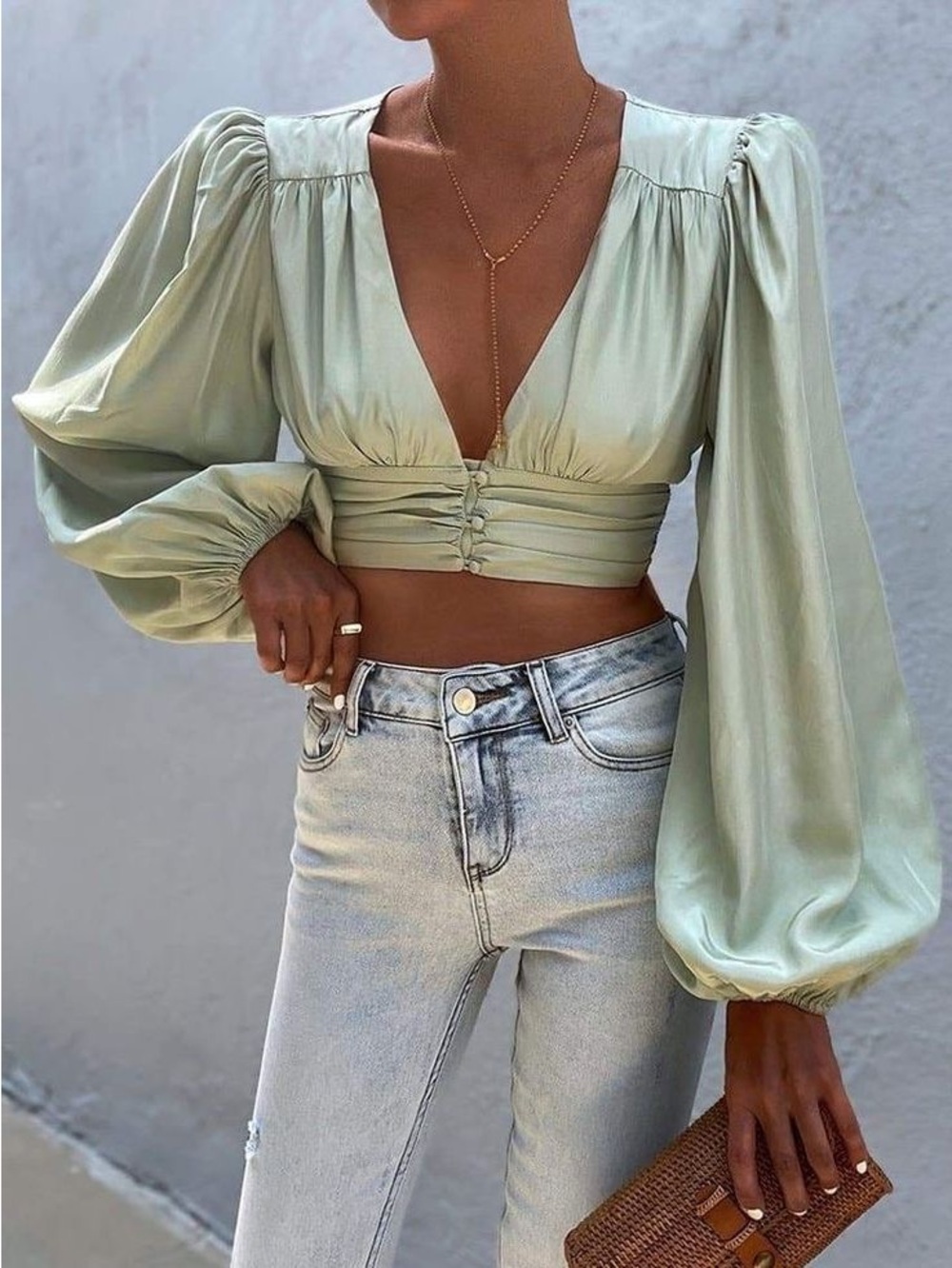 Runaway the Label sage green cropped satin v neck balloon blouse